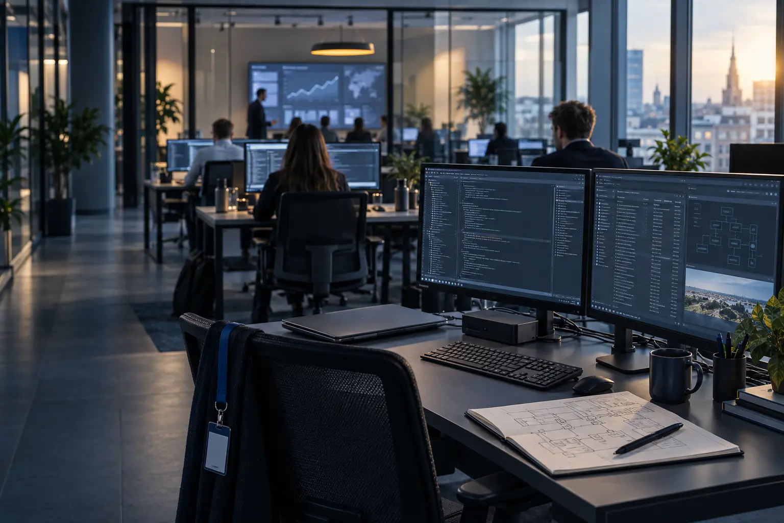 Otwarta przestrzeń pracy zespołu technologicznego z kodem na ekranach.